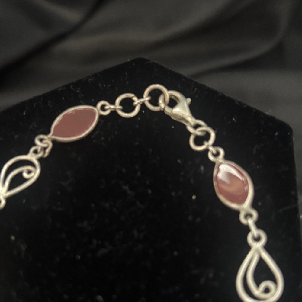 Sterling Silver Red Agate Link Bracelet - Picture 2 of 3